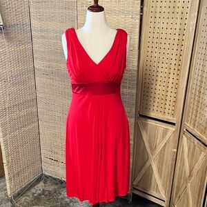 Kay Unger Red V-Neck Sleeveless Midi Dress with Satin Waistband